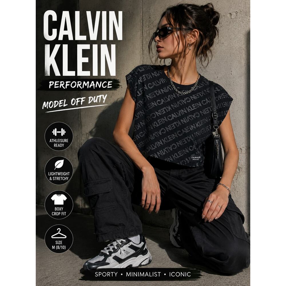Calvin Klein Performance Logo Print Boxy Crop Top Black Gray Size Medium